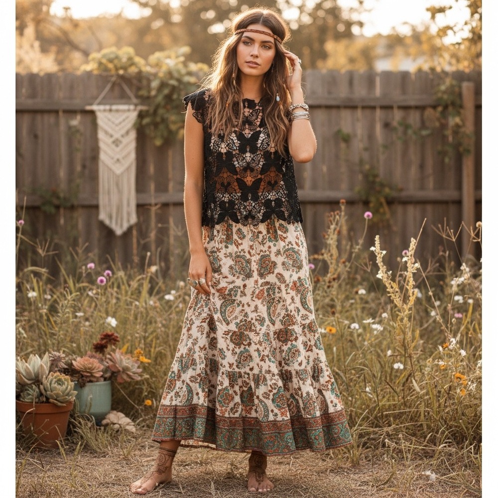 Loramendi Black Crochet Lace Butterfly Sleeveless Top Boho Sheer Blouse SM